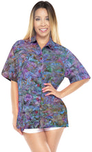 Load image into Gallery viewer, la-leela-womens-beach-wear-button-down-short-sleeve-casual-100-cotton-leaf-hand-printed-blouse-turquoise