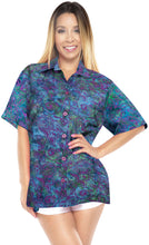 Load image into Gallery viewer, la-leela-womens-beach-wear-button-down-short-sleeve-casual-blouse-floral-hand-printed-multi-color