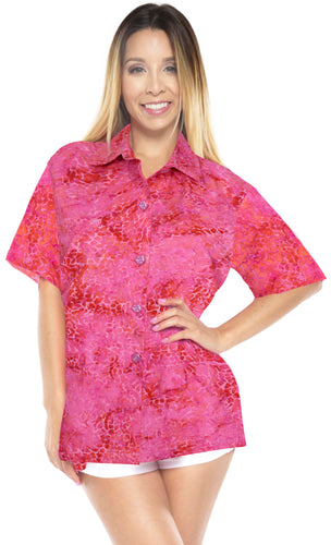la-leela-womens-beach-wear-button-down-short-sleeve-casual-100-cotton-hand-printed-blose-pink