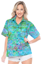 Load image into Gallery viewer, la-leela-womens-beach-wear-button-down-short-sleeve-casual-blouse-100-cotton-hand-printed-multi