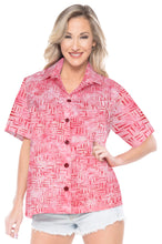 Load image into Gallery viewer, la-leela-womens-beach-wear-button-down-short-sleeve-casual-100-cotton-blouse-hand-printed-baby-pink