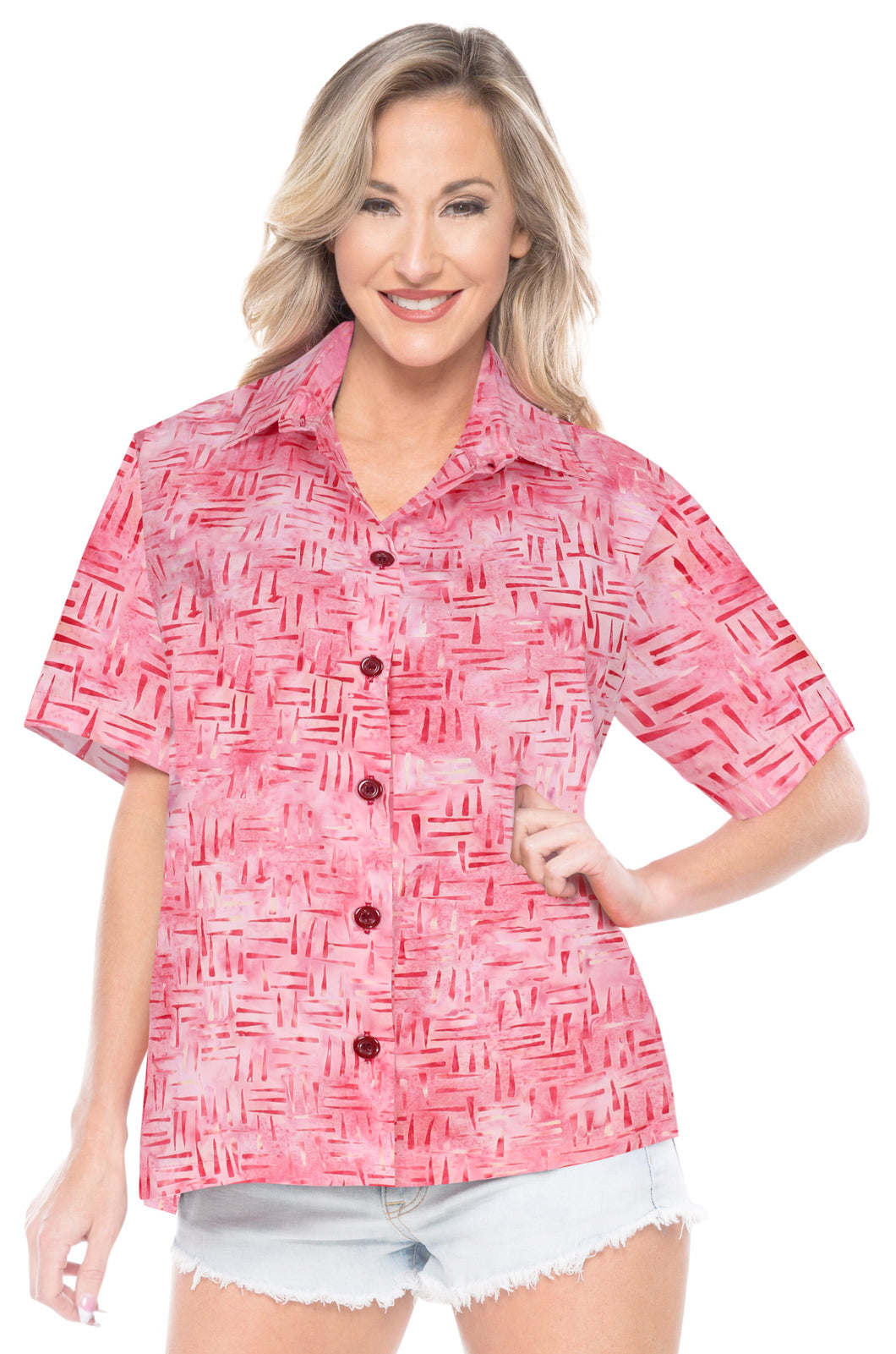 la-leela-womens-beach-wear-button-down-short-sleeve-casual-100-cotton-blouse-hand-printed-baby-pink