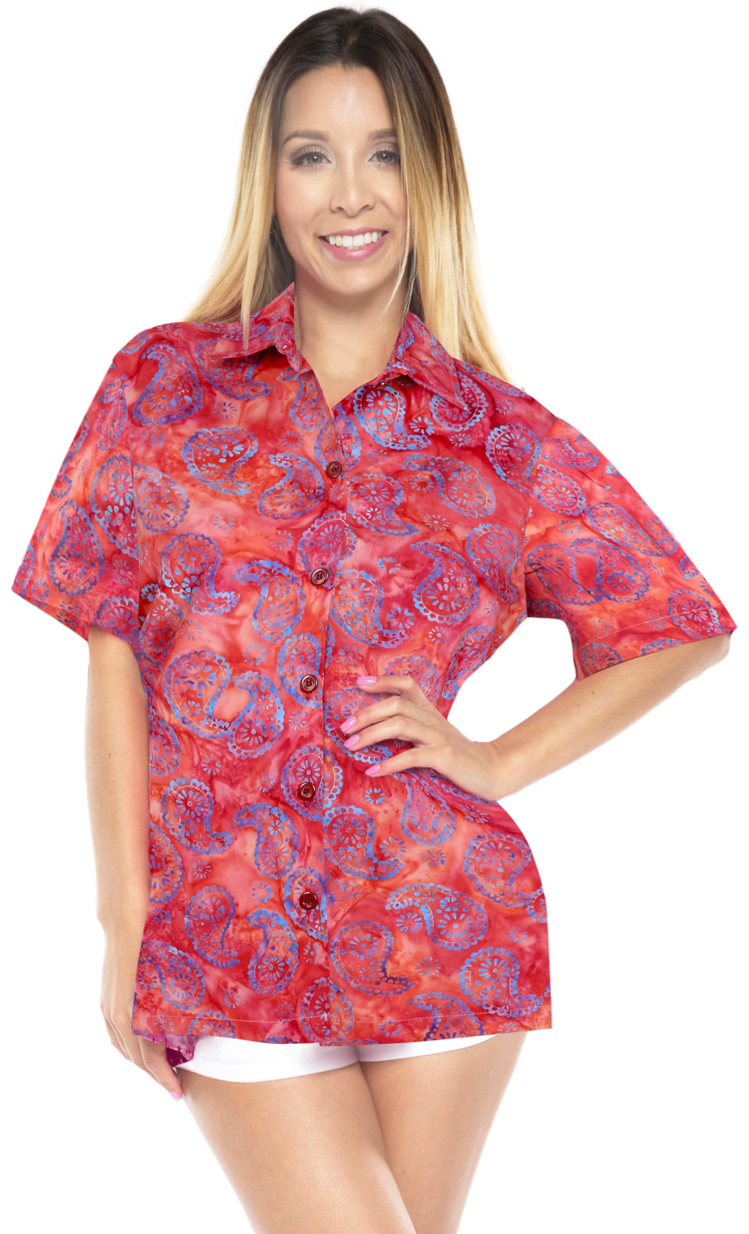 la-leela-womens-beach-wear-button-down-short-sleeve-casual-100-cotton-hand-printed-blouse-red
