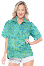 Load image into Gallery viewer, la-leela-womens-beach-wear-button-down-short-sleeve-casual-100-cotton-hand-printed-turquoise
