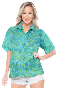 la-leela-womens-beach-wear-button-down-short-sleeve-casual-100-cotton-hand-printed-turquoise