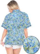 Load image into Gallery viewer, la-leela-womens-beach-wear-button-down-short-sleeve-casual-blouse-leaf-hand-printed-blue