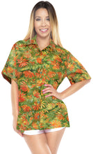 Load image into Gallery viewer, la-leela-womens-beach-wear-button-down-short-sleeve-casual-blouse-floral-hand-printed-green-orange