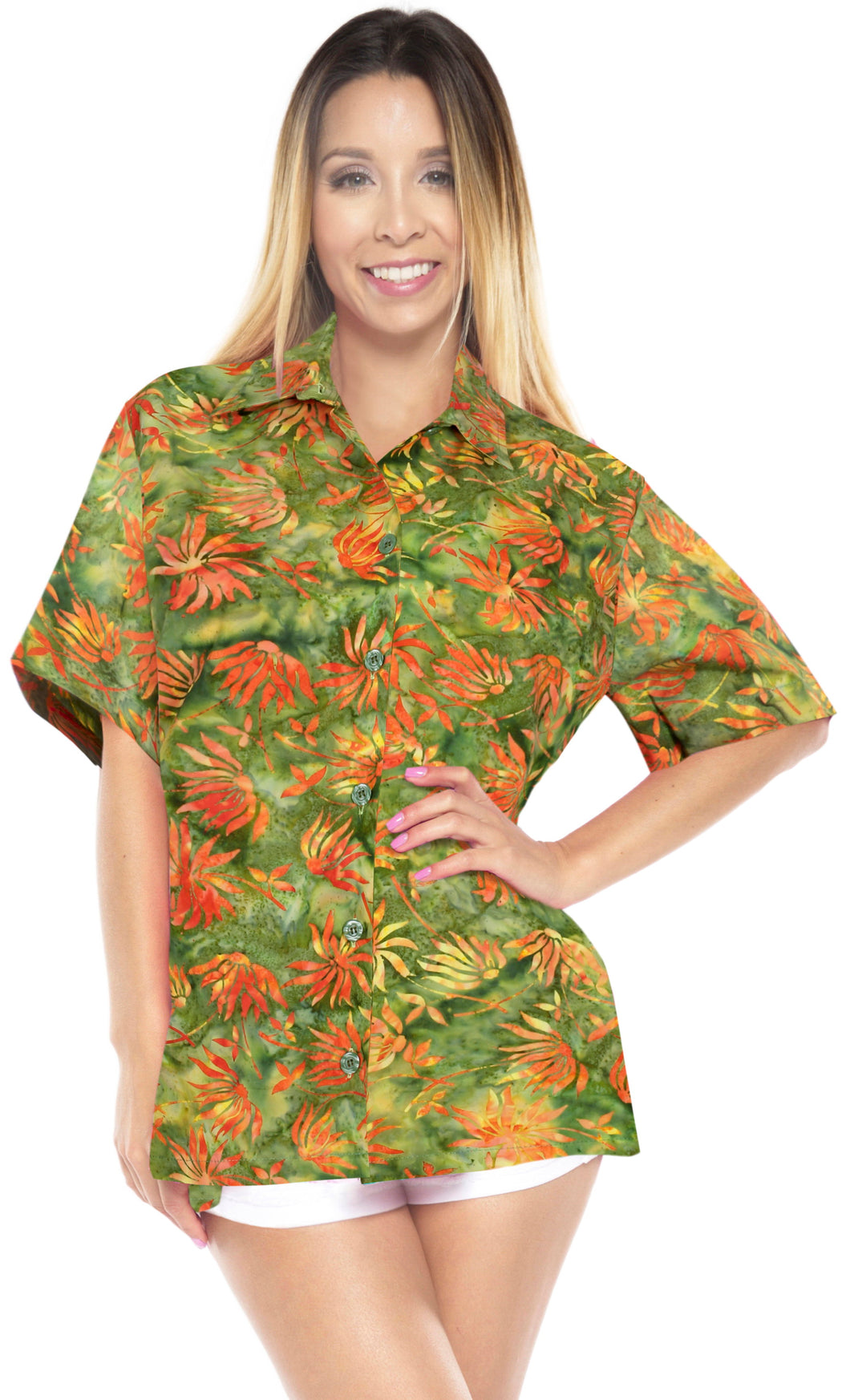 la-leela-womens-beach-wear-button-down-short-sleeve-casual-blouse-floral-hand-printed-green-orange