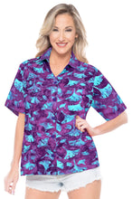 Load image into Gallery viewer, la-leela-womens-beach-wear-button-down-short-sleeve-casual-100-cotton-leaf-floral-hand-printed-blouse-purple-turquoise