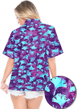 Load image into Gallery viewer, la-leela-womens-beach-wear-button-down-short-sleeve-casual-100-cotton-leaf-floral-hand-printed-blouse-purple-turquoise