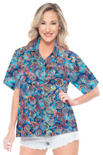 Load image into Gallery viewer, la-leela-womens-beach-wear-button-down-short-sleeve-casual-blouse-hand-printed-blue