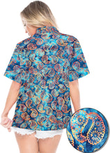 Load image into Gallery viewer, la-leela-womens-beach-wear-button-down-short-sleeve-casual-blouse-hand-printed-blue