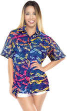 Load image into Gallery viewer, la-leela-womens-beach-wear-button-down-short-sleeve-casual-blouse-fly-hand-printed-blue-pink-yellow
