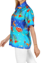 Load image into Gallery viewer, La Leela Women&#39;s Christmas Santa Aloha Relaxed fit Beach Hawaiian Tropical Beach  Short Sleeve Blouse Printed Shirt Christmas Blue