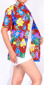 La Leela Women's Blossom Patio Hawaiian Aloha Tropical Beach  Short Sleeve Relaxed Fit Blouse Printed Shirt Red