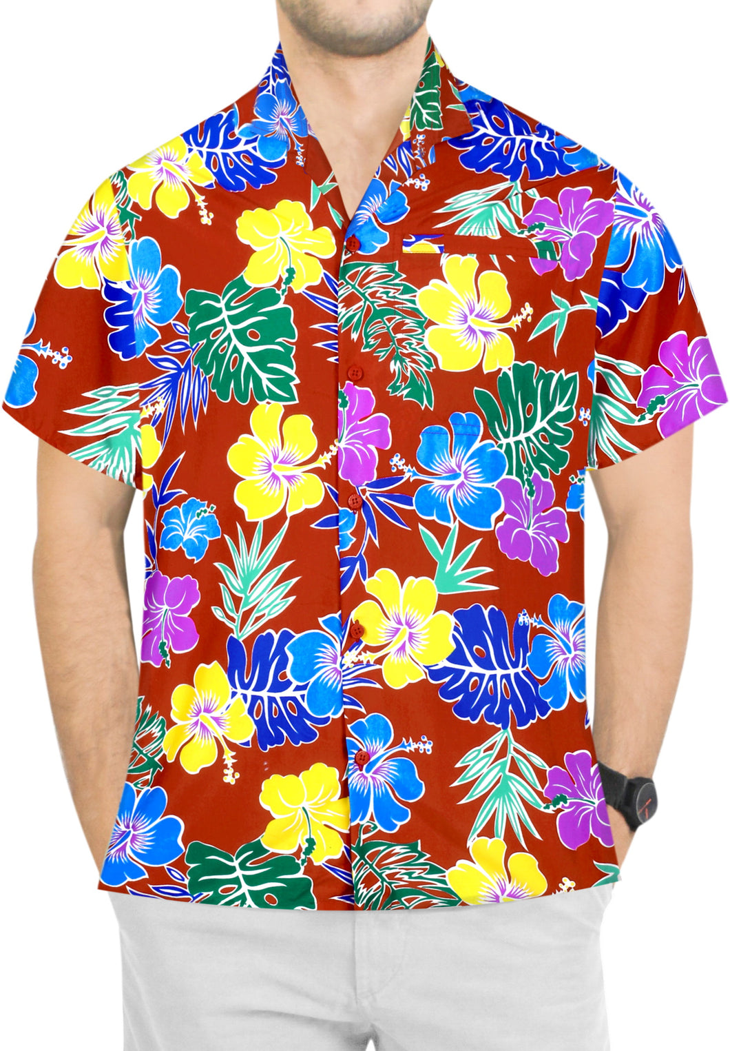 la-leela-shirt-casual-button-down-short-sleeve-beach-shirt-men-aloha-pocket-Blood Red_AA180
