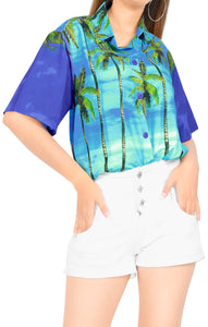 La Leela Women's Bamboo Grove Hawaiian Aloha Tropical Beach  Short Sleeve Relaxed Fit Blouse Printed Shirt Blue