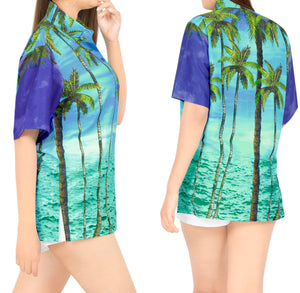 La Leela Women's Bamboo Grove Hawaiian Aloha Tropical Beach  Short Sleeve Relaxed Fit Blouse Printed Shirt Blue