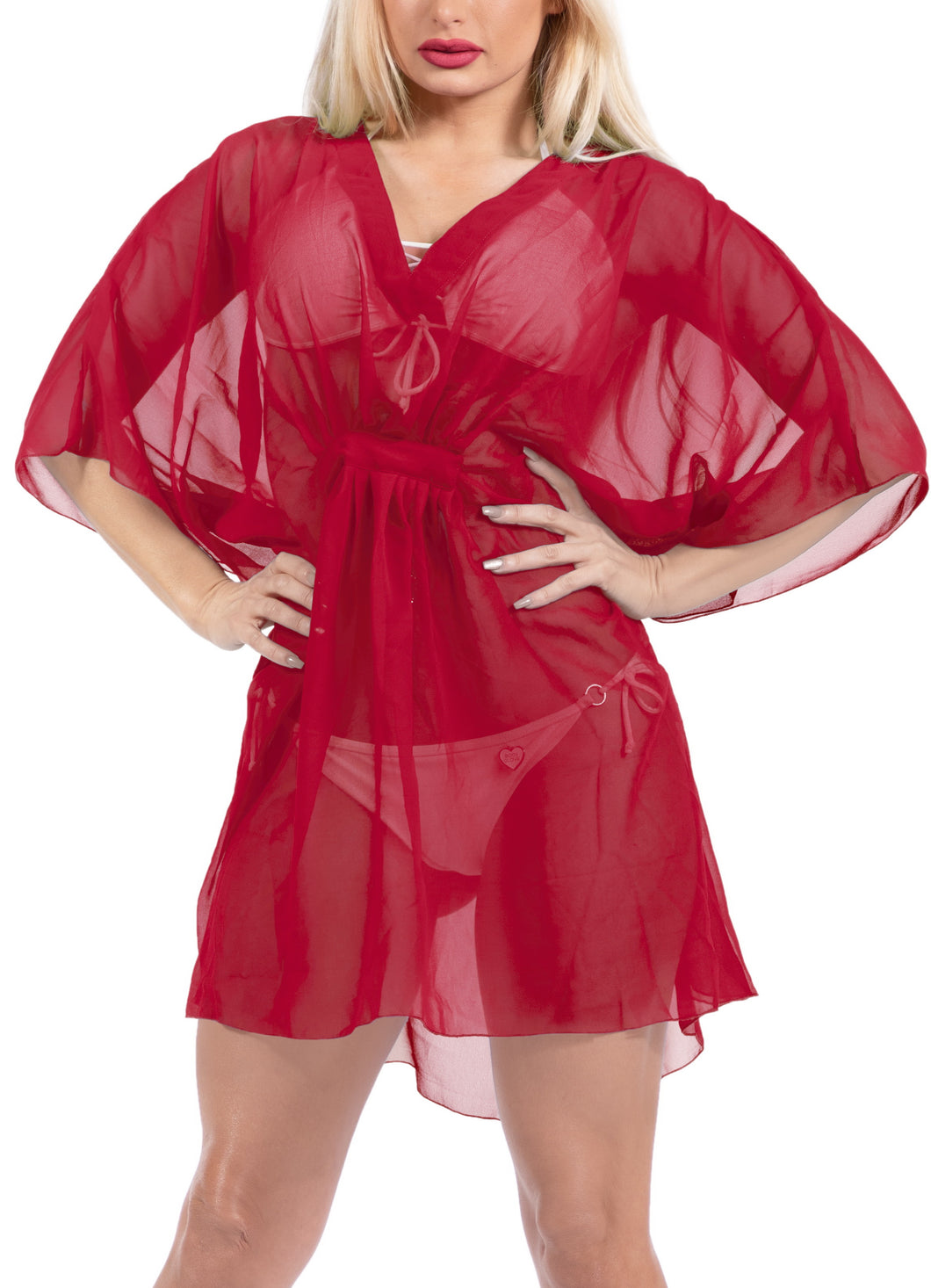 LA LEELA Swimsuit Cover ups Beach Kimono Dress For Women Red_Y408 OSFM 4-14{S-L]