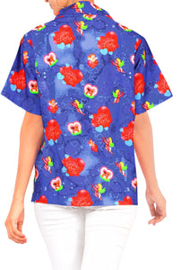 La Leela Women's Cupid Love Hawaiian Aloha Tropical Beach  Short Sleeve Relaxed Fit Blouse Printed Shirt Blue