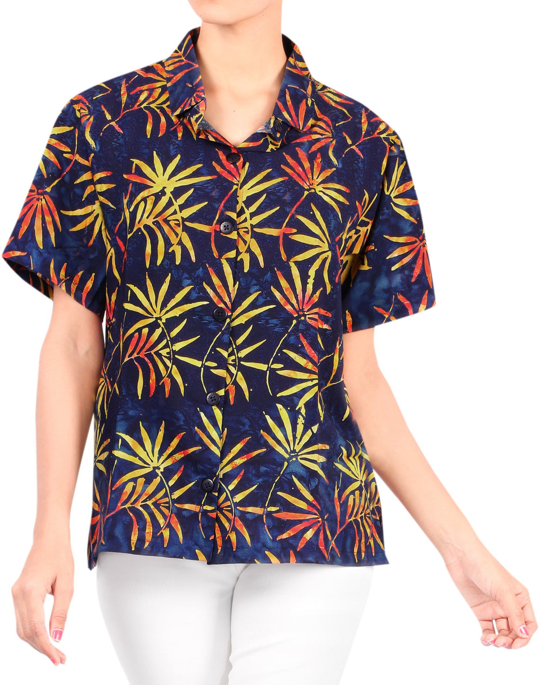 la-leela-womens-golden-floral-print-relaxed-fit-hawaiian-aloha-tropical-beach-blouse-short-sleeve-shirt-navy-blue