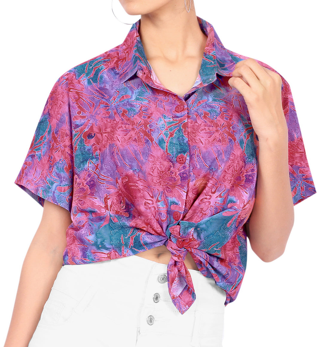 la-leela-womens-colour-burst-relaxed-fit-beach-hawaiian-aloha-tropical-beach--short-sleeve-shirt-printed-blouse-pink-purple