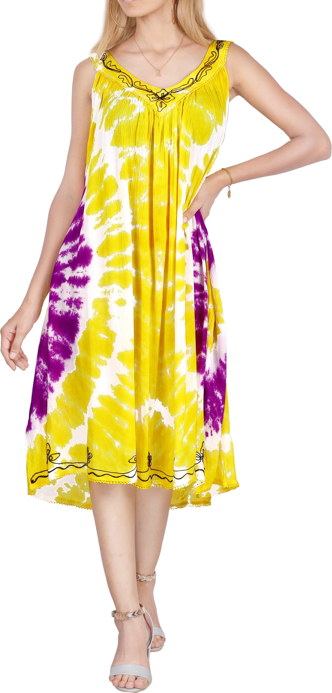 LA LEELA Women Floral Plus size Caftan Dress Hand Tie Dye Yellow_Y875 US Size 16