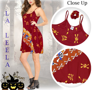 LA LEELA-Women'- Beach-Dress-Summer-Swing-Dress-Halloween-Costume-Pairates-printed-Blood Red_Y897