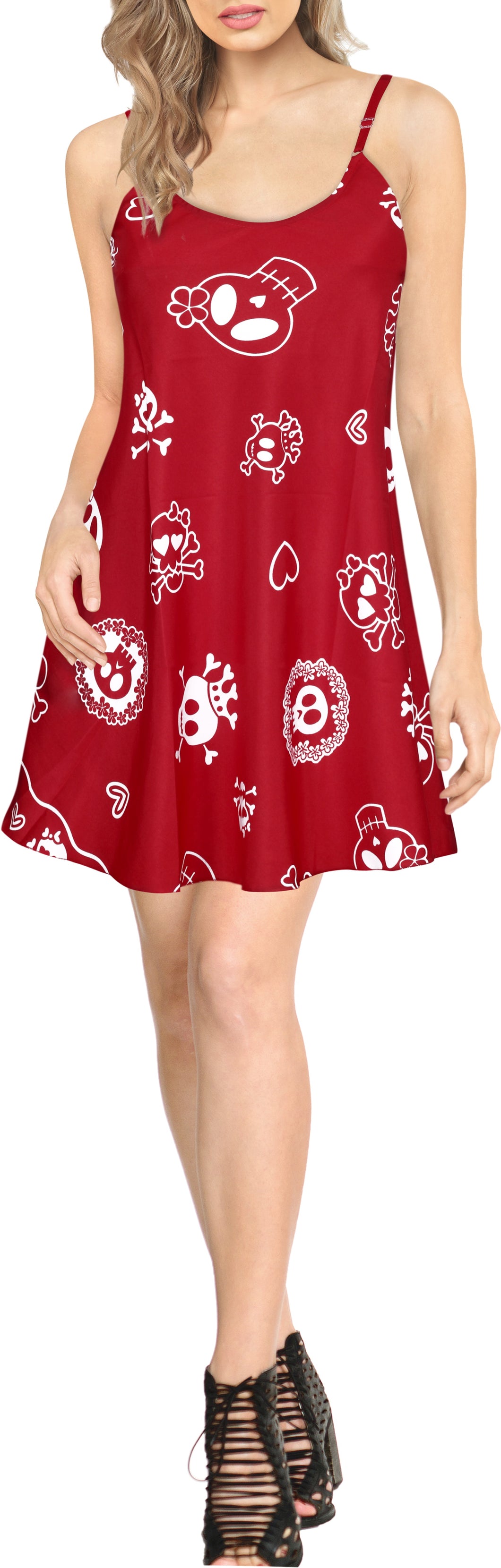 La Leela Halloween Women's Sundress Scary Cute Cross Skull Print Red