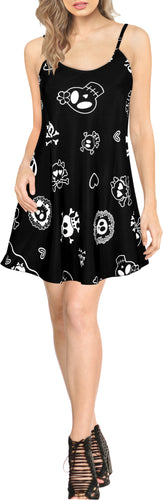 La Leela Halloween Women's Sundress Scary Cute Cross Skull Print Black