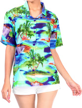 Load image into Gallery viewer, la-leela-womens-palm-tree-relaxed-fit-hawaiian-aloha-tropical-beach--short-sleeve-blouse-printed-shirt-blue