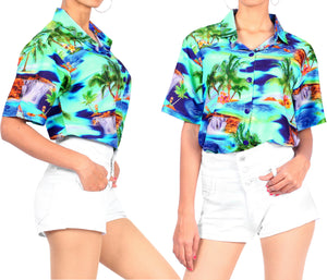 La Leela Women's Palm Tree Relaxed Fit Hawaiian Aloha Tropical Beach  Short Sleeve Blouse Printed Shirt Blue