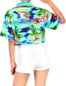 La Leela Women's Palm Tree Relaxed Fit Hawaiian Aloha Tropical Beach  Short Sleeve Blouse Printed Shirt Blue