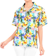 Load image into Gallery viewer, la-leela-womens-christmas-flowers-aloha-relaxed-fit-beach-hawaiian-tropical-beach--short-sleeve-blouse-printed-shirt-yellow-violet