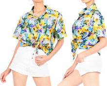 Load image into Gallery viewer, La Leela Women&#39;s Christmas Flowers Aloha Relaxed fit Beach Hawaiian Tropical Beach  Short Sleeve Blouse Printed Shirt Yellow Violet