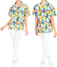 Load image into Gallery viewer, La Leela Women&#39;s Christmas Flowers Aloha Relaxed fit Beach Hawaiian Tropical Beach  Short Sleeve Blouse Printed Shirt Yellow Violet