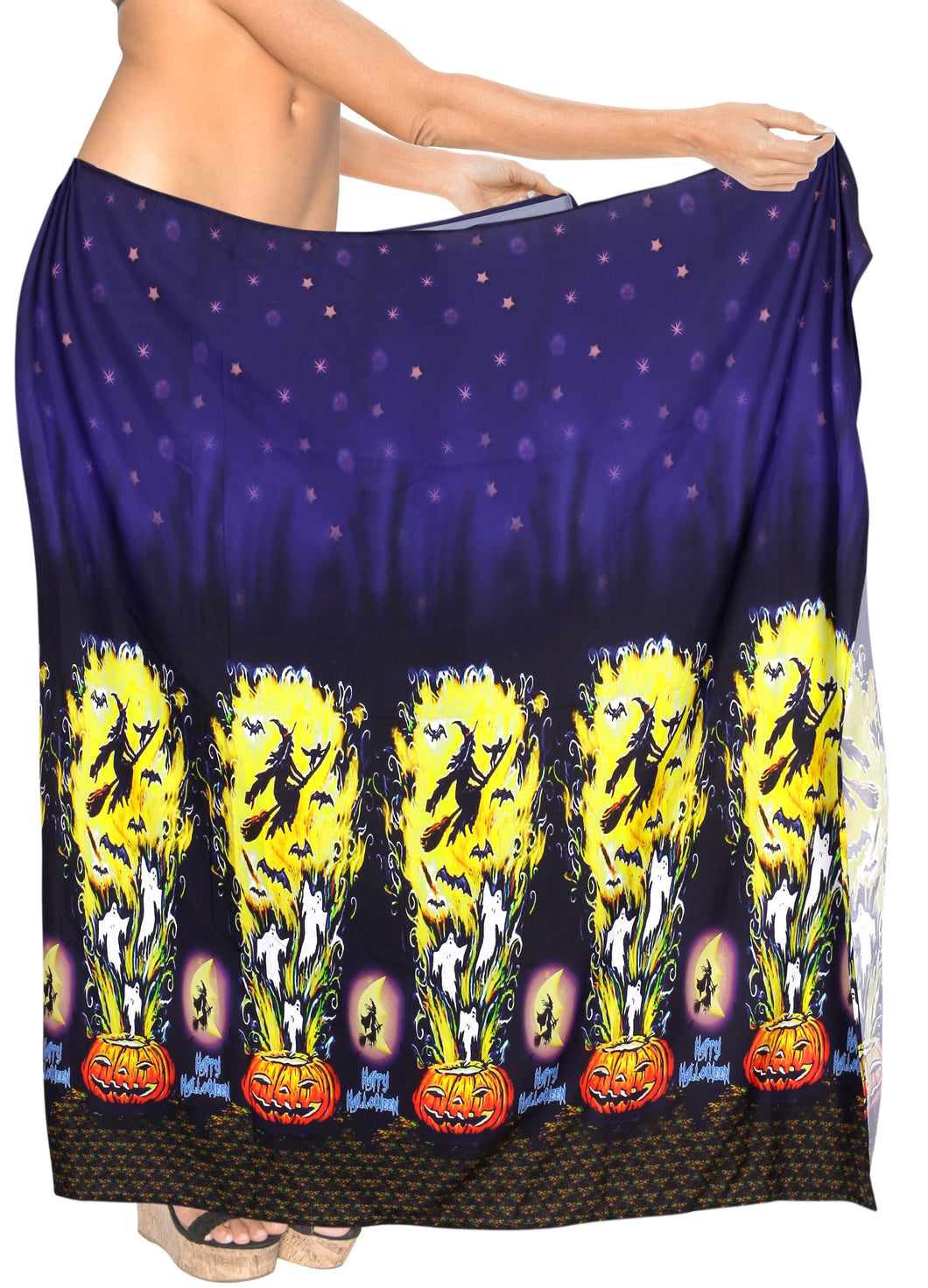 LA-LEELA-Rayon-Women's-Beach-Wrap-Sarong-Cover-Ups-Swimsuit-Tie-Skirt-Scary-Halloween-Navy Blue_Y893