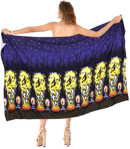 LA LEELA Rayon Women's Beach Wrap Sarong Cover Ups Swimsuit Tie Skirt Scary Halloween Navy Blue_Y893