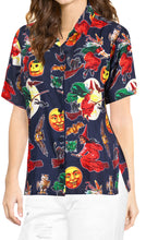 Load image into Gallery viewer, LA-LEELA-Women-Witch-Pumpkin-Scary-Hawaiian-Shirt-Halloween-Costume-Skull-Shirt-Navy Blue_AA237