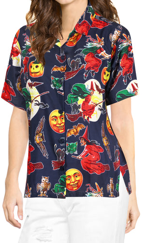 LA-LEELA-Women-Witch-Pumpkin-Scary-Hawaiian-Shirt-Halloween-Costume-Skull-Shirt-Navy Blue_AA237