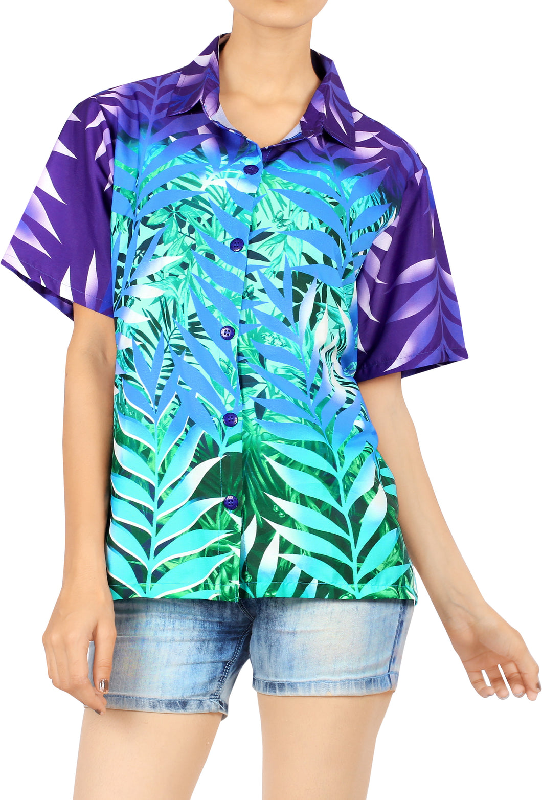La Leela Women's Palm Tree Relaxed Fit Hawaiian Aloha Tropical Beach  Short Sleeve Blouse Printed Shirt Blue