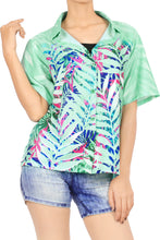 Load image into Gallery viewer, la-leela-womens-coastal-fern-hawaiian-aloha-tropical-beach--short-sleeve-relaxed-fit-blouse-printed-shirt-green