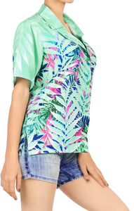 La Leela Women's Coastal Fern Hawaiian Aloha Tropical Beach  Short Sleeve Relaxed Fit Blouse Printed Shirt Green