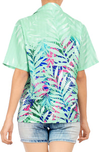 La Leela Women's Coastal Fern Hawaiian Aloha Tropical Beach  Short Sleeve Relaxed Fit Blouse Printed Shirt Green