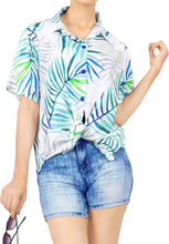 Load image into Gallery viewer, la-leela-womens-coastal-fern-hawaiian-aloha-tropical-beach--short-sleeve-relaxed-fit-blouse-printed-shirt-multi-color