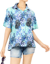 Load image into Gallery viewer, la-leela-womens-animal-print-hawaiian-aloha-tropical-beach--short-sleeve-relaxed-fit-blouse-printed-shirt-blue