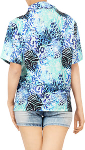 La Leela Women's Animal Print Hawaiian Aloha Tropical Beach  Short Sleeve Relaxed Fit Blouse Printed Shirt Blue
