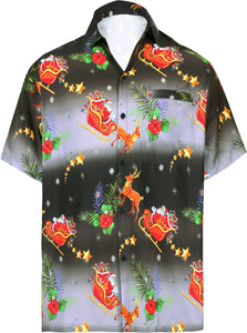 La Leela  Men's 3D HD Santa Claus Christmas Button Up Short Sleeve Hawaiian Shirt Black_AA323