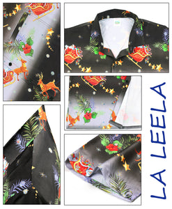 La Leela  Men's 3D HD Santa Claus Christmas Button Up Short Sleeve Hawaiian Shirt Black_AA323