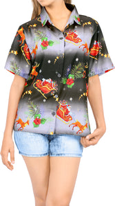 LA LEELA Women's Christmas Santa Claus Hawaiian Shirt Relaxed Fit Tropical Beach Shirt Black_AA316